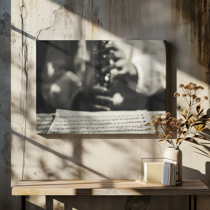 A shallow depth of field, black and white photograph focusing on sheet music in the foreground. The background is softly blurred, showing the hands of a musician holding a woodwind instrument. Wall Art