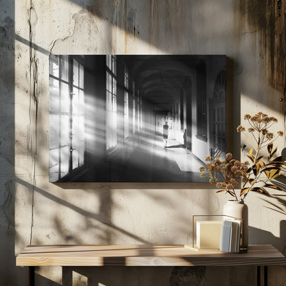 A black and white photograph of a woman walking away down a long, dark hallway. Bright shafts of sunlight pour through large windows on the left, creating a dramatic interplay of light and shadow on the floor and walls. Poster