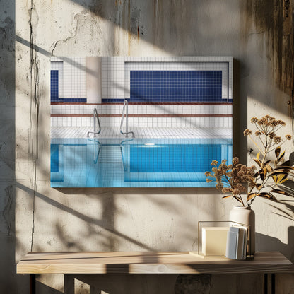 A framed, symmetrical photograph of a minimalist indoor swimming pool with blue and white tiles, stainless steel ladders, and a calm, reflective water surface. Poster