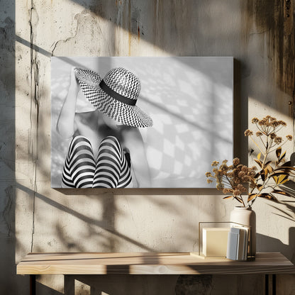 A black and white artistic photograph of a woman sitting down, her face obscured by a large, wide-brimmed sun hat with a black and white chevron pattern. She is wearing black and white striped leggings and holding the brim of her hat with one hand. The image is set against a plain background with patterned shadows and is presented within a silver frame. Artwork