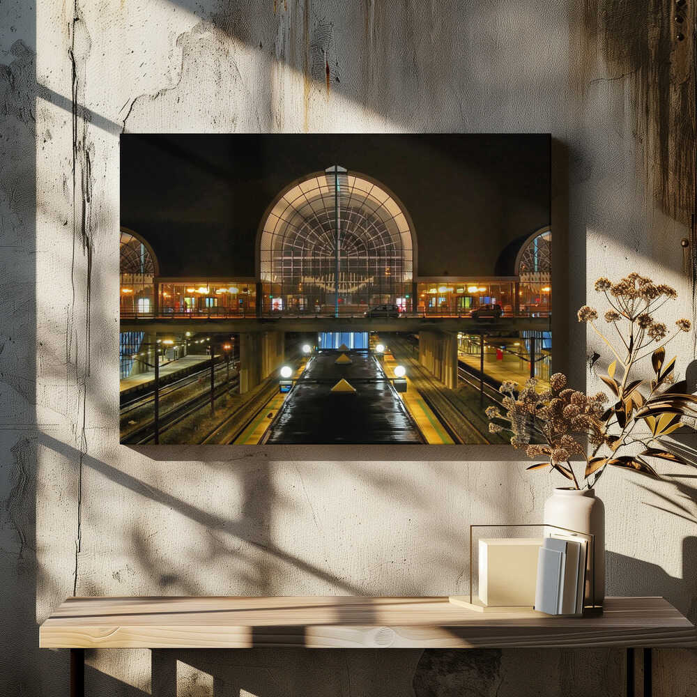 A symmetrical view of a modern train station at night, with a large illuminated arched glass window. Below, empty, wet train tracks and platforms reflect the station's lights, while cars cross an overpass in the middle ground. Wall Art