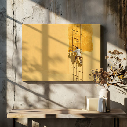 A man viewed from behind stands on a rope ladder, painting a large, bright yellow wall a slightly darker shade of yellow, casting a stark shadow in the bright sun. The image is presented within a silver frame. Decor