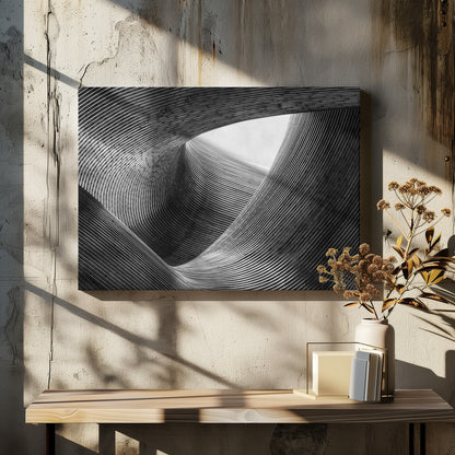A framed, black and white abstract photograph of a swirling, textured structure. The low-angle shot looks up at curving walls made of thin, parallel lines, creating a dynamic sense of movement and depth, with an opening to a bright sky at the top. Artwork