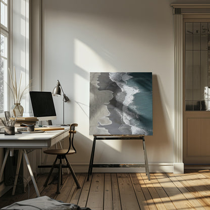 An art print depicting dynamic running ocean waves with white foam and shades of blue and aqua water. Decor