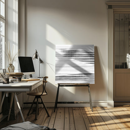 A framed abstract artwork featuring black horizontal lines on a white background. The lines vary in thickness and some sections are broken by vertical white spaces, creating a rhythmic and textured pattern. The piece is enclosed in a simple, light-colored wood frame. Poster