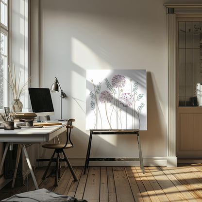 A botanical art print in a light wood frame, featuring delicate pressed allium flowers with pink and purple globes and slender stems, interspersed with sprigs of muted blue-green foliage against a clean white background. Poster