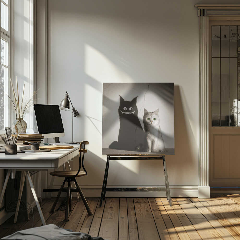 A photographic artwork of a cute, silver-grey cat with vibrant green eyes sitting beside its shadow, which is distorted into a monstrous black creature with large white eyes and a sharp, toothy grin against a cracked wall. Decor