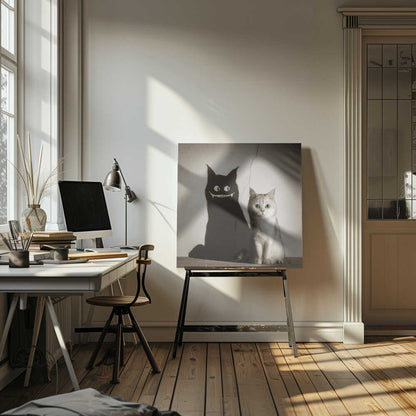 A photographic artwork of a cute, silver-grey cat with vibrant green eyes sitting beside its shadow, which is distorted into a monstrous black creature with large white eyes and a sharp, toothy grin against a cracked wall. Decor