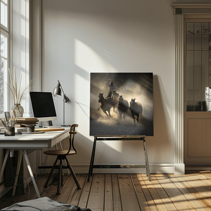 A dramatic, backlit photograph of a cowboy on horseback herding a small group of horses, kicking up a large cloud of dust as they gallop through a rustic landscape at sunrise or sunset. Poster