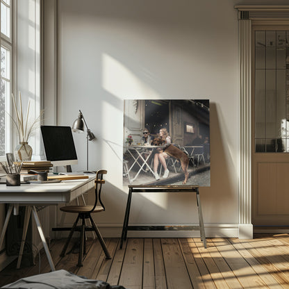 A framed photograph of a young couple sitting at an outdoor cafe. A woman in a floral shirt holds a large brown Rhodesian Ridgeback on her lap, while a man in sunglasses sits beside her. The dog stands with its front paws on the woman's lap and back paws on the wooden deck. The scene has a muted, warm tone. Poster