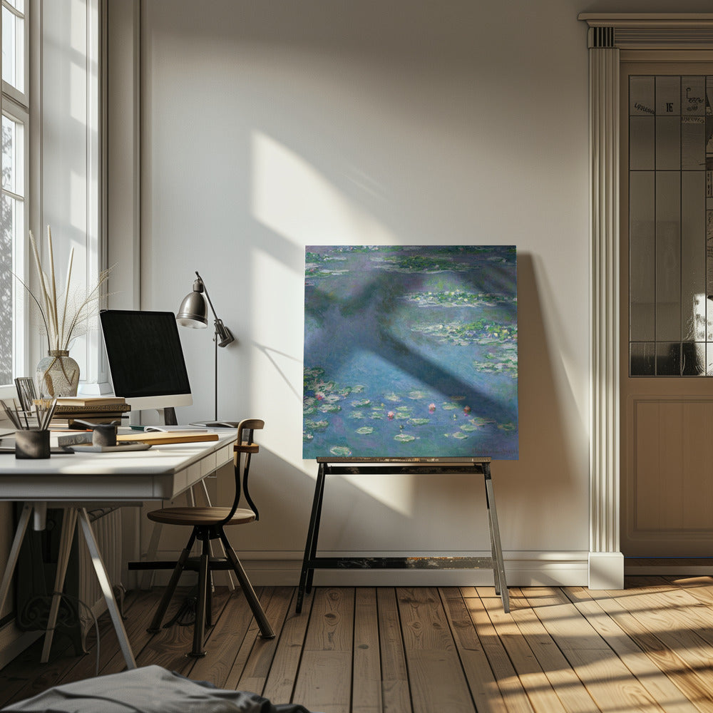 An Impressionist painting by Claude Monet depicting a serene water lily pond. The canvas is filled with cool blue and purple water reflecting the sky, dotted with green lily pads and occasional pink and white water lily blossoms. The artwork is presented in a light wood frame. Artwork