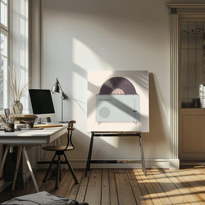 A vintage-style illustration of a light blue record player cleverly designed to look like a toaster. A black vinyl record pops out of the top slot like a slice of toast. The device is labeled 'High Fidelity' and has a volume slider, all set against a cream background within a light wood frame. Poster