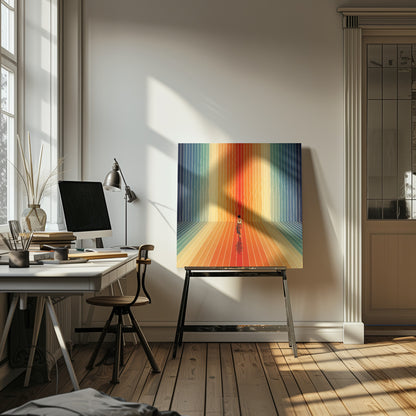 A surrealist artwork in a light wood frame depicting a woman seen from behind walking into a room with infinite perspective. The walls and floor are made of continuous, wavy vertical stripes in a rainbow gradient, starting with cool blues and transitioning to warm oranges and a central red path. Poster