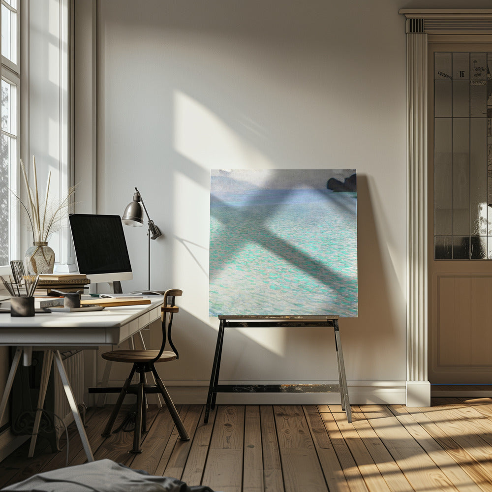 An impressionist painting by Gustav Klimt, in a light wood frame, depicting a serene body of water. The surface shimmers with countless dabs of bright turquoise and light blue paint, creating a textured, sparkling effect. In the distance, a hazy shoreline sits under a muted, overcast sky. Decor