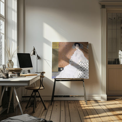 A framed print of Gustav Klimt's 'Portrait of Fritza Riedler'. A woman with dark upswept hair wearing a flowing white gown sits in a patterned armchair against a geometric, earth-toned background. Decor