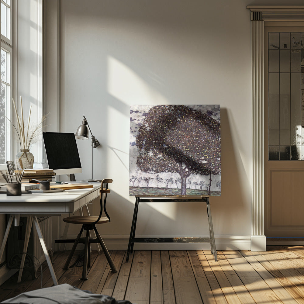 A framed impressionist painting of a large, round apple tree with a dense, dark canopy speckled with yellow apples. The tree stands in the foreground of a green field, with a row of smaller, paler trees in the background under a light, cloudy sky. Poster