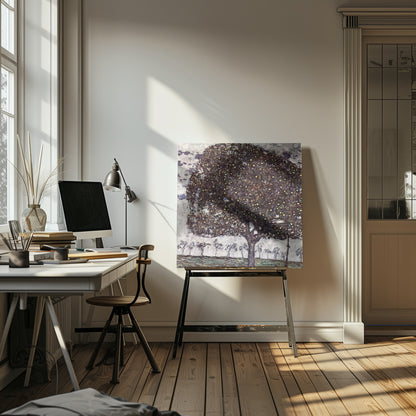 A framed impressionist painting of a large, round apple tree with a dense, dark canopy speckled with yellow apples. The tree stands in the foreground of a green field, with a row of smaller, paler trees in the background under a light, cloudy sky. Poster