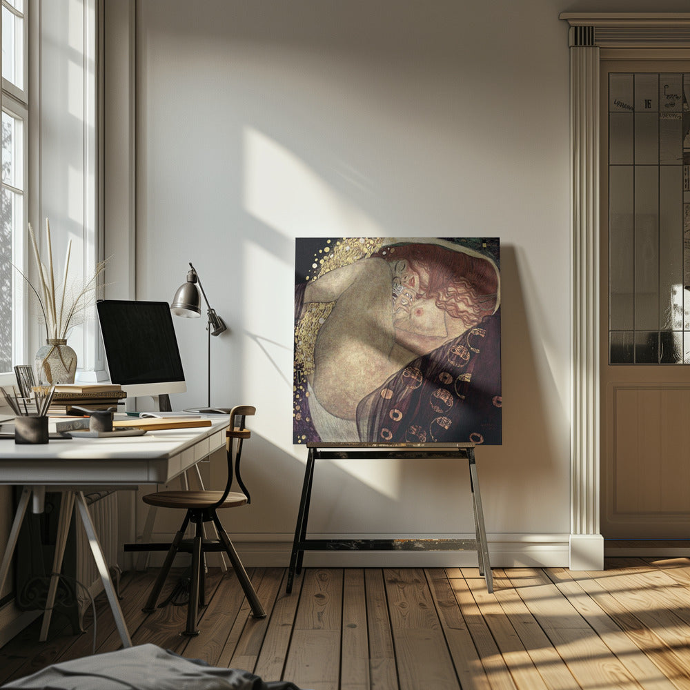 A print of Gustav Klimt's 1907 painting, 'Danaë'. The artwork depicts a sleeping, nude woman with vibrant red hair curled into a fetal position, receiving a shower of golden rain. The style is characteristic of Art Nouveau, with rich, decorative patterns on surrounding fabrics against a dark, star-like background, all within a light wood frame. Wall Art