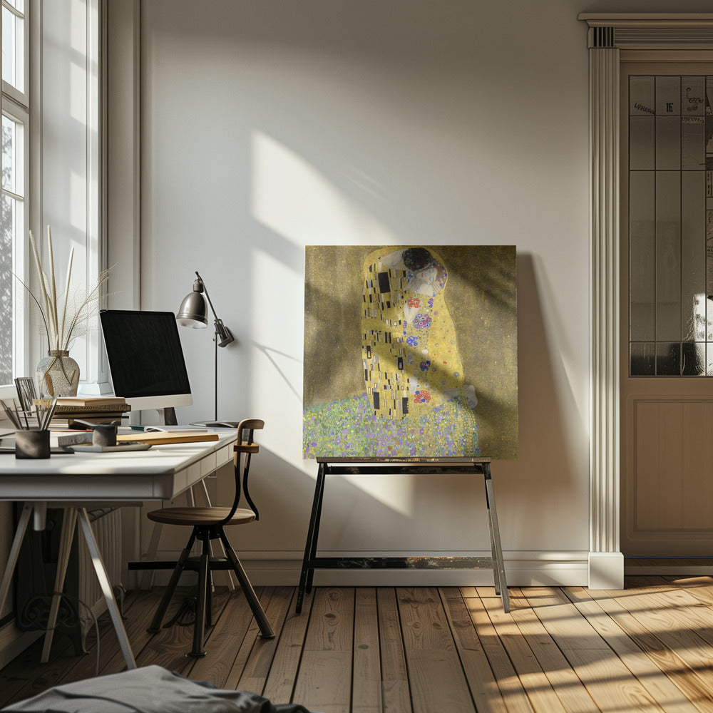 A framed print of Gustav Klimt's famous painting, 'The Kiss'. It features a couple in a passionate embrace, adorned in ornate, patterned golden robes. They are kneeling on a vibrant bed of flowers against a shimmering, textured gold background. Print