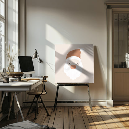 A minimalist cartoon illustration of a smiling Santa Claus face with a brown hat and white beard, set against a soft pink background and framed in light wood. Poster