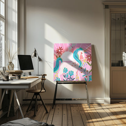 A whimsical painting of a serene white unicorn with a vibrant blue mane and tail, standing in a field of colorful flowers. The background features a large white sun against a pink sky with a dragonfly flying overhead. The artwork is presented in a light wood frame. Print