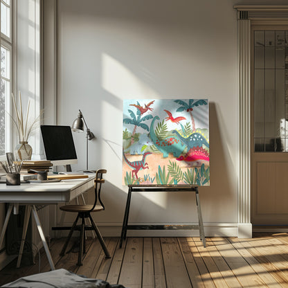 A vibrant, kid-friendly illustration of various colorful dinosaurs in a prehistoric jungle setting, framed in light wood. Dinosaurs include a teal brachiosaurus, a red stegosaurus, a blue triceratops, and flying pterodactyls against a light blue sky with palm trees. Decor