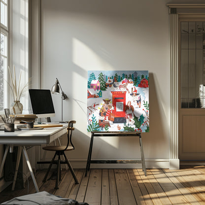 A whimsical Christmas illustration of several dogs in festive hats and scarves mailing letters at a bright red postbox labeled 'Letters to the North Pole' in a snowy village scene with colorful houses and pine trees. Decor