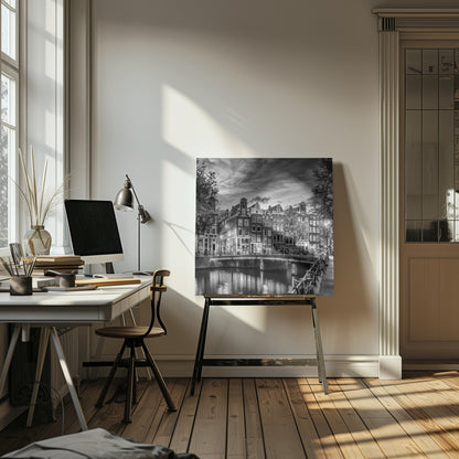 Monochrome art print depicting an idyllic impression of Singel in Amsterdam Wall Art