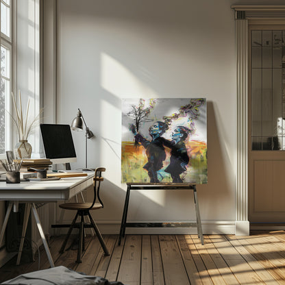 A contemporary painting in a light wood frame depicting two stylized female figures in dark clothes against an abstract background. One reaches for a small, bare tree while both look upwards with open mouths, as colorful, smoke-like swirls rise from behind them. Print