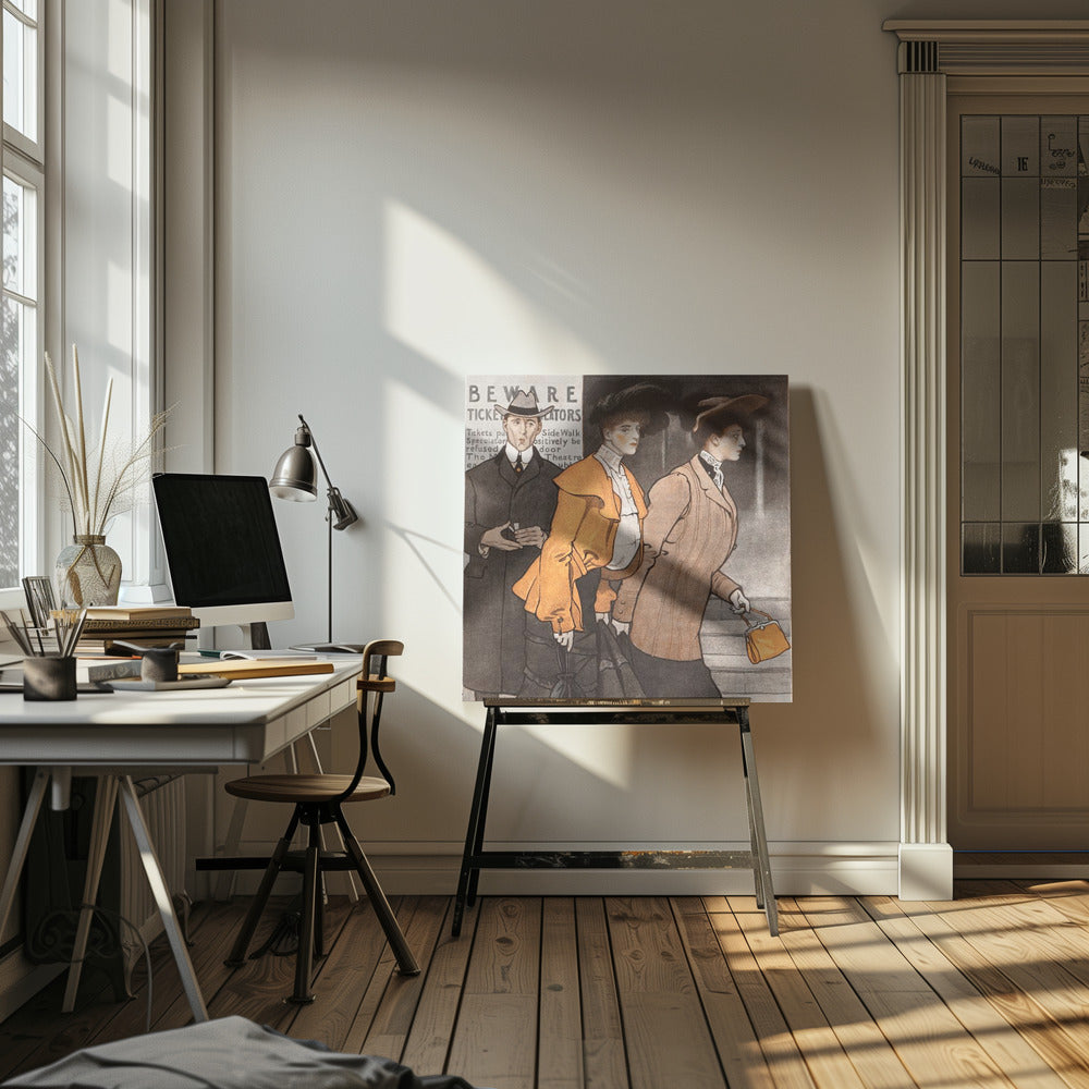 A vintage illustration of three people in early 20th-century clothing. A man in a dark suit and hat stands behind two women. The woman in the center wears a vibrant orange jacket and a large black hat, while the woman on the right wears a tailored brown suit and carries a small orange purse. They are walking on a city street past a sign that reads 'BEWARE TICKET SCALATORS'. Decor