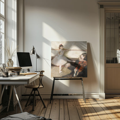 An impressionist painting by Edgar Degas of a young ballerina in a white tutu practicing at a barre while a musician in the foreground plays the violin. Poster