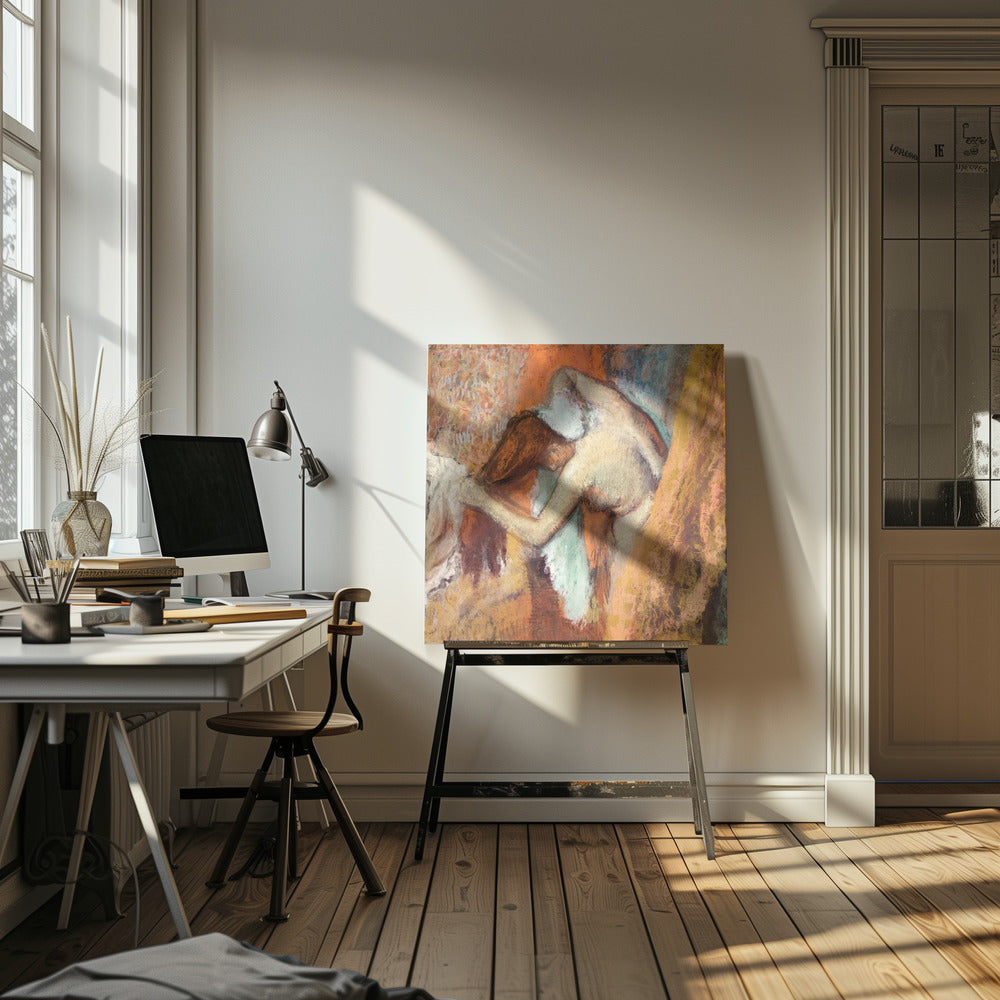 A framed impressionist pastel drawing by Edgar Degas showing a nude woman from the back, bending over to dry her neck with a towel. The artwork is characterized by its warm color palette of oranges, browns, and yellows, with textured, visible strokes. Decor