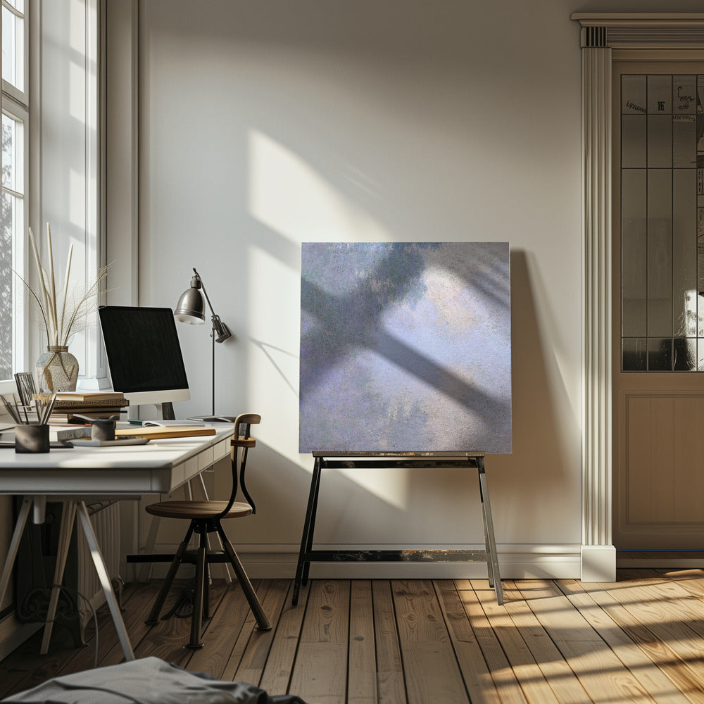 A square abstract painting in a light wood frame. The artwork has a rough texture and features a blend of muted colors, including shades of periwinkle blue, lavender, and grey, with a brighter, silvery-white area in the upper right, creating a cloudy, atmospheric effect. Poster