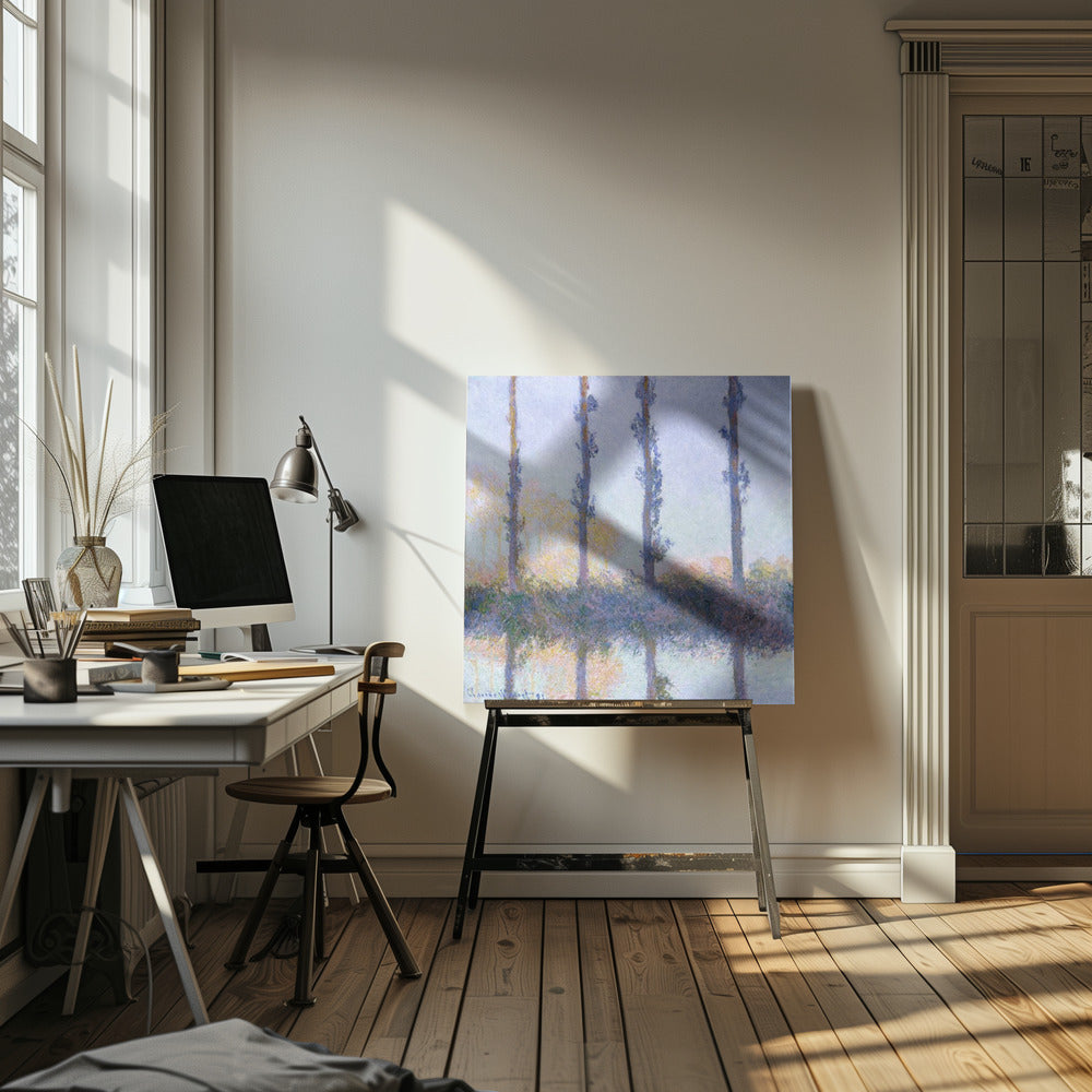 An Impressionist painting by Claude Monet from his 'Poplars' series, featuring a row of four tall, slender trees and their reflections in the water. The artwork uses a soft color palette of blues, purples, and pale yellows to create a hazy, serene atmosphere, and is presented in a light wood frame. Decor