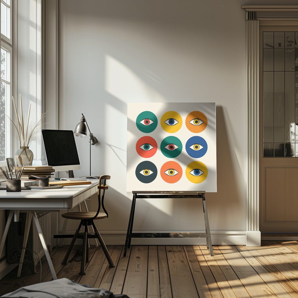 A framed modern art print featuring a 3x3 grid of nine colorful circles on an off-white background. Each circle, in shades of green, yellow, orange, red, and blue, contains a single stylized eye, creating a repeating pop art pattern. Wall Art