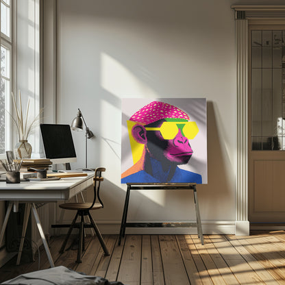 A pop art style portrait of a chimpanzee wearing a bright pink beret, large yellow hexagonal sunglasses, and a blue shirt. The artwork is characterized by bold, vibrant colors and a graphic, textured style, all set within a light wood frame. Poster