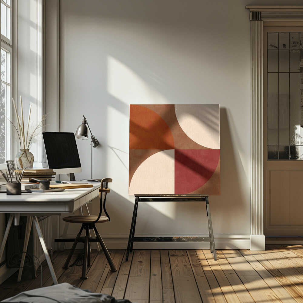 A framed abstract artwork featuring a four-quadrant design with curved geometric shapes. The colors are warm earth tones, including rust orange, deep red, brown, and cream, arranged to form interlocking semi-circles against a textured background. Decor