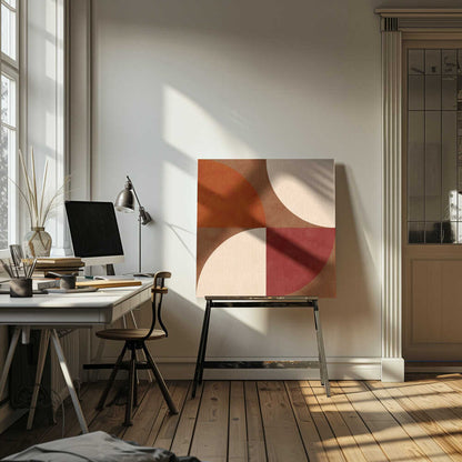 A framed abstract artwork featuring a four-quadrant design with curved geometric shapes. The colors are warm earth tones, including rust orange, deep red, brown, and cream, arranged to form interlocking semi-circles against a textured background. Decor