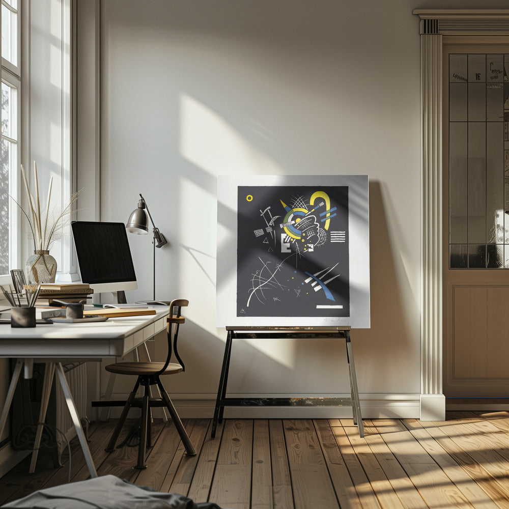 An abstract print by Wassily Kandinsky titled 'Small Worlds VI', featuring a dynamic composition of geometric and organic shapes in vibrant yellow, blue, and white against a stark black background. The artwork is presented within a light wood frame. Wall Art