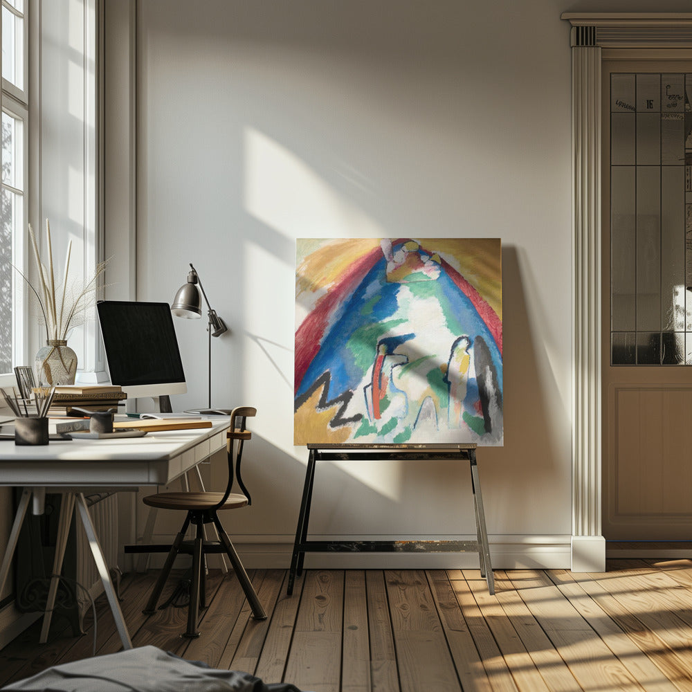 An abstract expressionist painting in a light wood frame. The artwork features a large, dominant blue mountain-like shape at its center, with an arch of red and yellow above it. In the foreground, there are stylized, abstract figures and a bold black zigzag line against a white and green background. Print