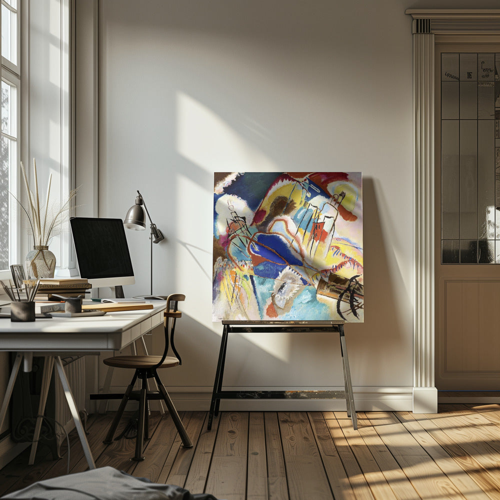 An abstract painting by Wassily Kandinsky titled 'Improvisation 31 (Sea Battle)' in a light wood frame. The composition is a chaotic explosion of vibrant colors, dominated by large areas of deep blue, bright yellow, and red. Dynamic black lines and abstract shapes swirl across the canvas, suggesting motion and energy. Print