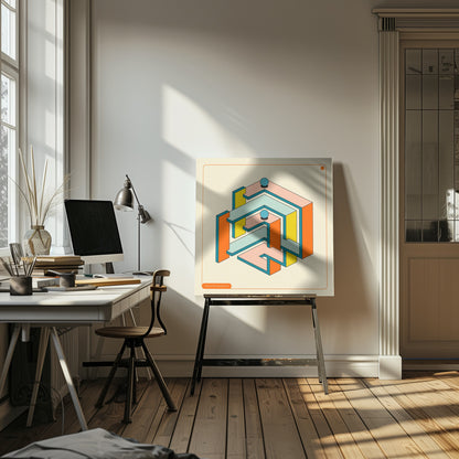 A framed artwork of an impossible geometric structure in a retro color palette. The maze-like object features orange, yellow, pink, and light blue surfaces with dark teal outlines, all on an off-white background. Two blue spheres rest on different levels of the structure. Wall Art