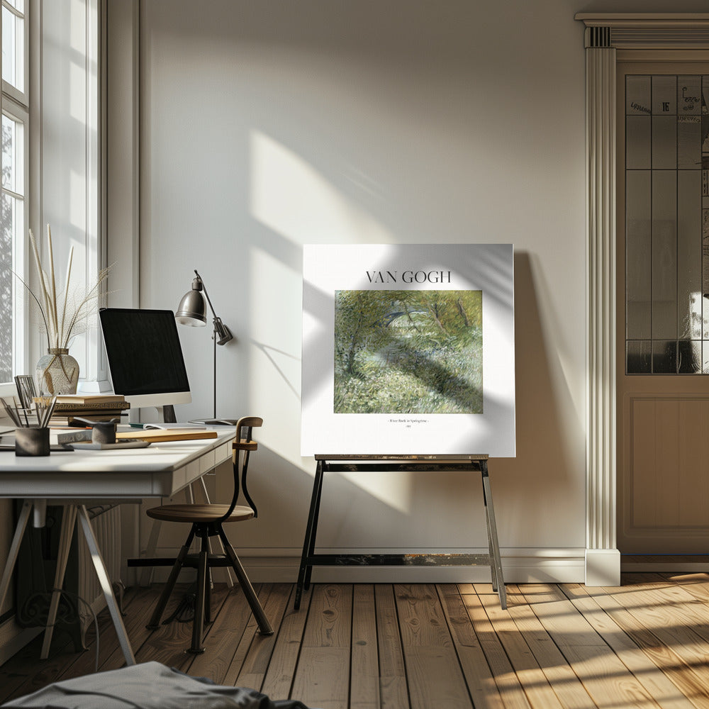 A framed art print of Vincent van Gogh's painting 'River Bank in Springtime'. The impressionist artwork depicts a lush green riverside scene with white flowers and a distant bridge, framed in light wood with a white mat. Wall Art