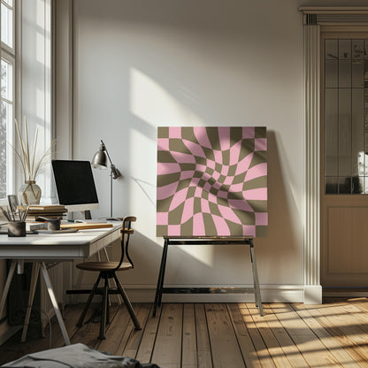 A framed abstract art piece featuring a warped checkerboard pattern in pink and dark olive brown. The grid appears to twist and distort, creating an optical illusion of movement within a light wood frame. Print