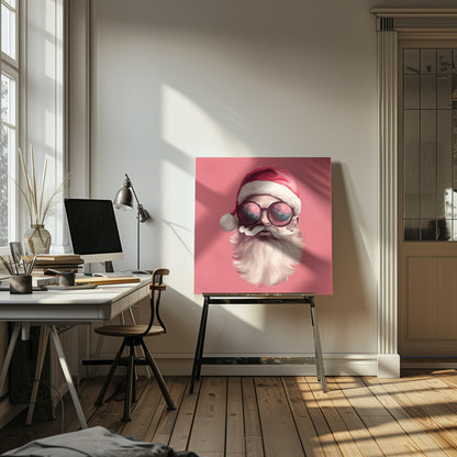 A modern, stylized portrait of Santa Claus against a solid pink background. He wears a classic red Santa hat and large, round sunglasses that reflect a colorful sky. His white mustache is perfectly curled, and he has a full white beard. Print