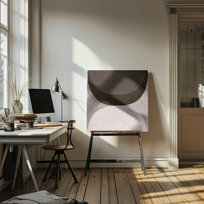 A square abstract artwork in a light wood frame, featuring two large, opposing curves. A dark brown arc dominates the top half, while a light gray and white arc fills the bottom half, creating a balanced, minimalist composition with a textured finish. Poster