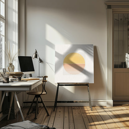 A framed minimalist art print featuring a large circle against an off-white background. The top half of the circle is a solid textured yellow, while the bottom half consists of horizontal orange stripes that gradually become thinner towards the bottom, evoking a stylized sun or sunset. The artwork is surrounded by a wide white mat and a light wood frame. Decor