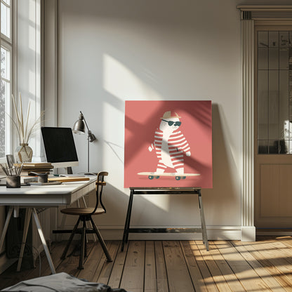 A framed illustration of a cool cartoon seal wearing a red and white striped swimsuit, a cap, and sunglasses while riding a skateboard against a solid red background. Poster