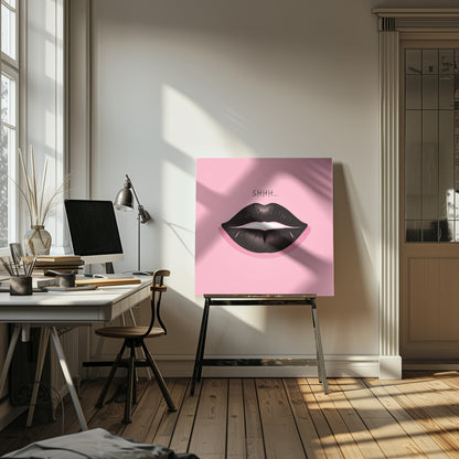 A framed pop art illustration of glossy black lips against a vibrant pink background. Above the lips, the word 'SHHH...' is written in a simple black font, implying silence. Print