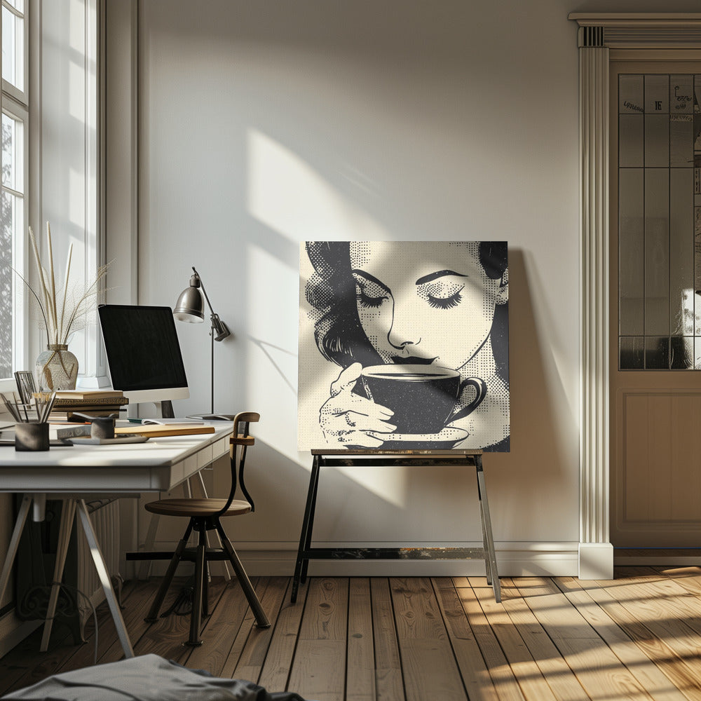 A pop art style illustration of a woman with dark hair and long eyelashes, her eyes closed as she holds a black coffee cup and saucer. The image uses a halftone dot pattern common in retro comics, set against a cream-colored background and framed in light wood. Print